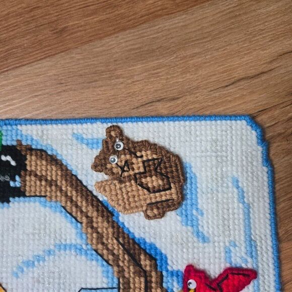 Handmade Snowman Sledding Needlepoint Wall Art Bear Cardinal - Picture 2 of 4